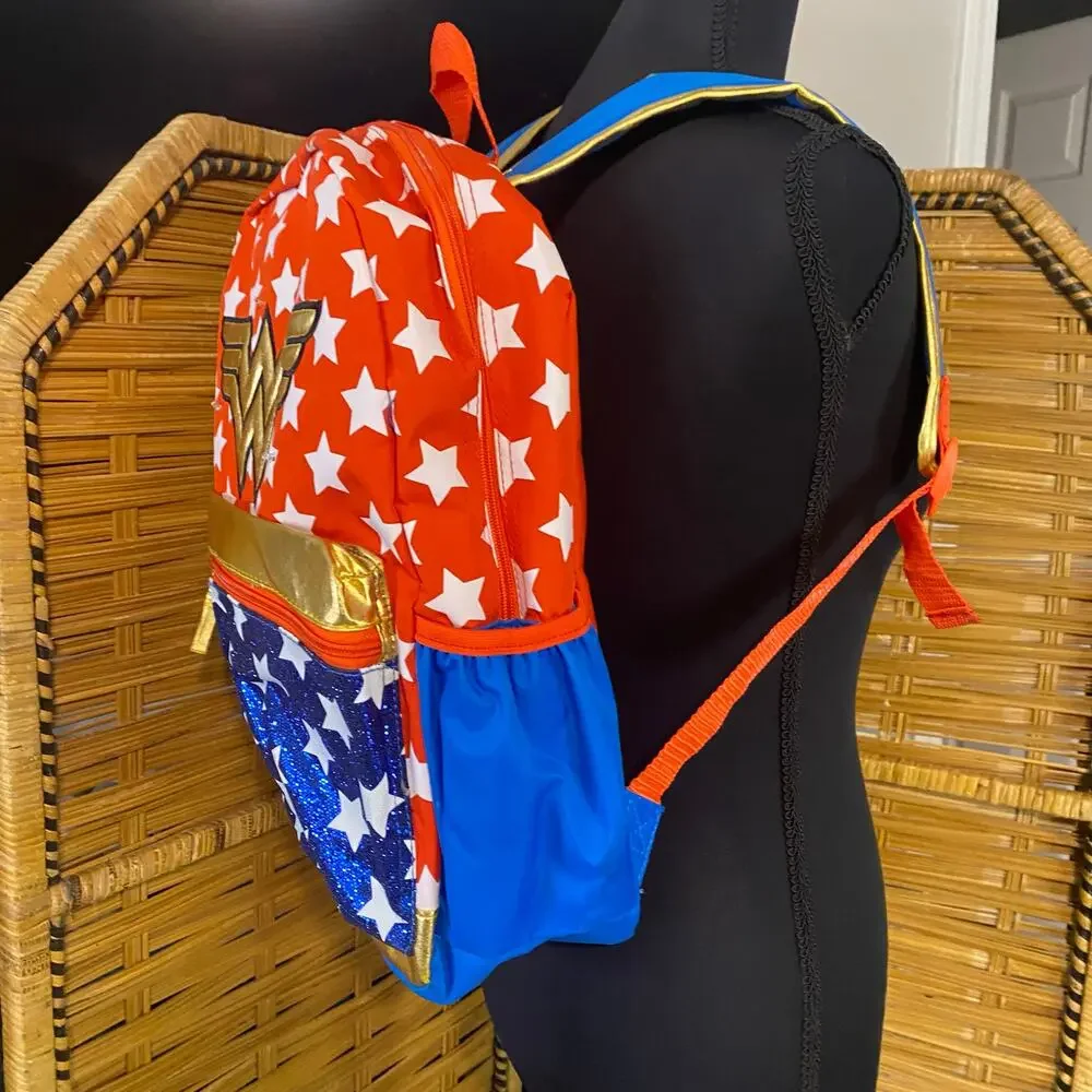 DC Wonder Woman Backpack Red White Blue Stars Gold Logo BTS school book bag
